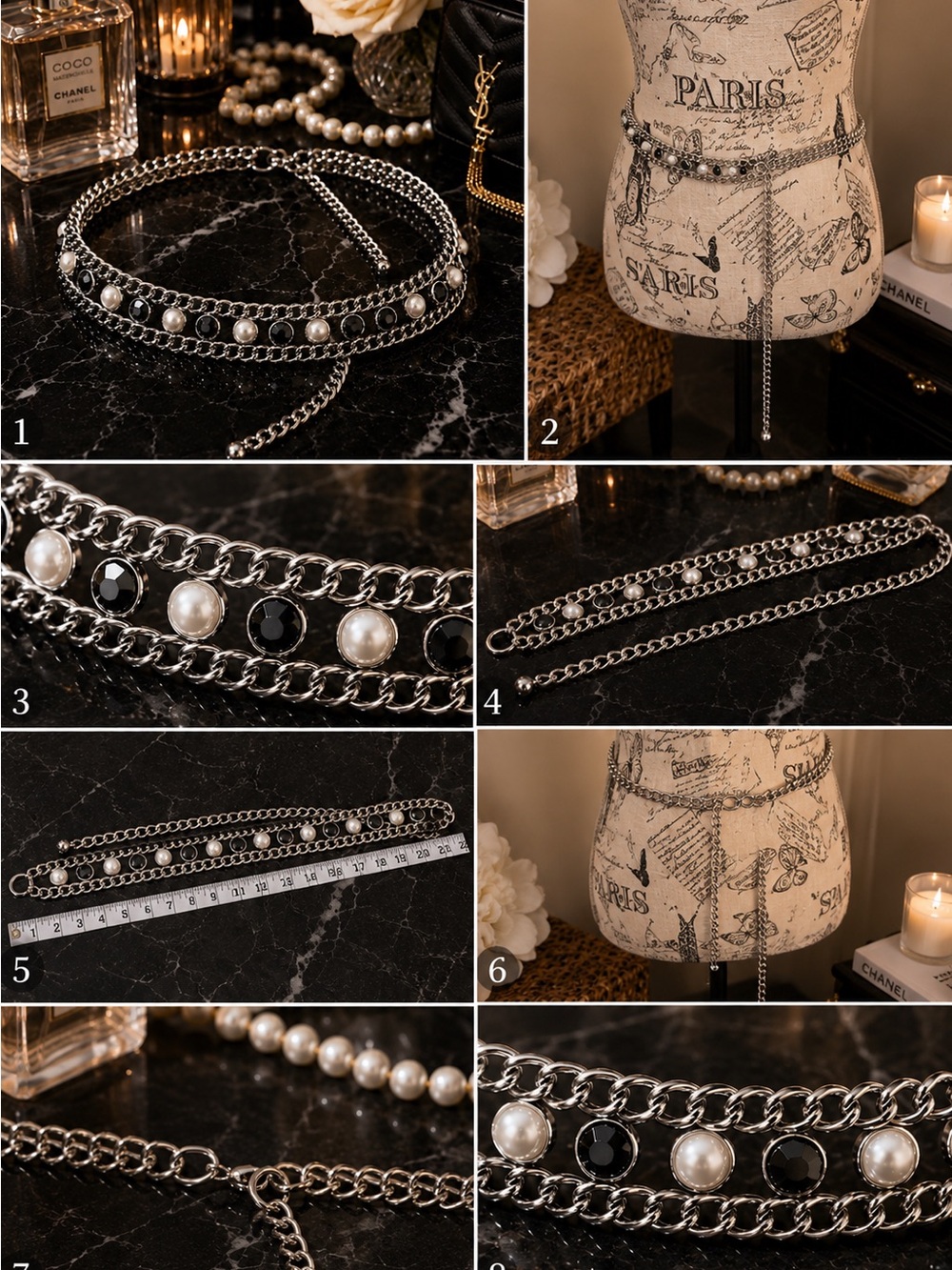 Silver Chain Belt Faux Pearl Black Stone Accent Adjustable Waist Belt - Picture 2 of 7